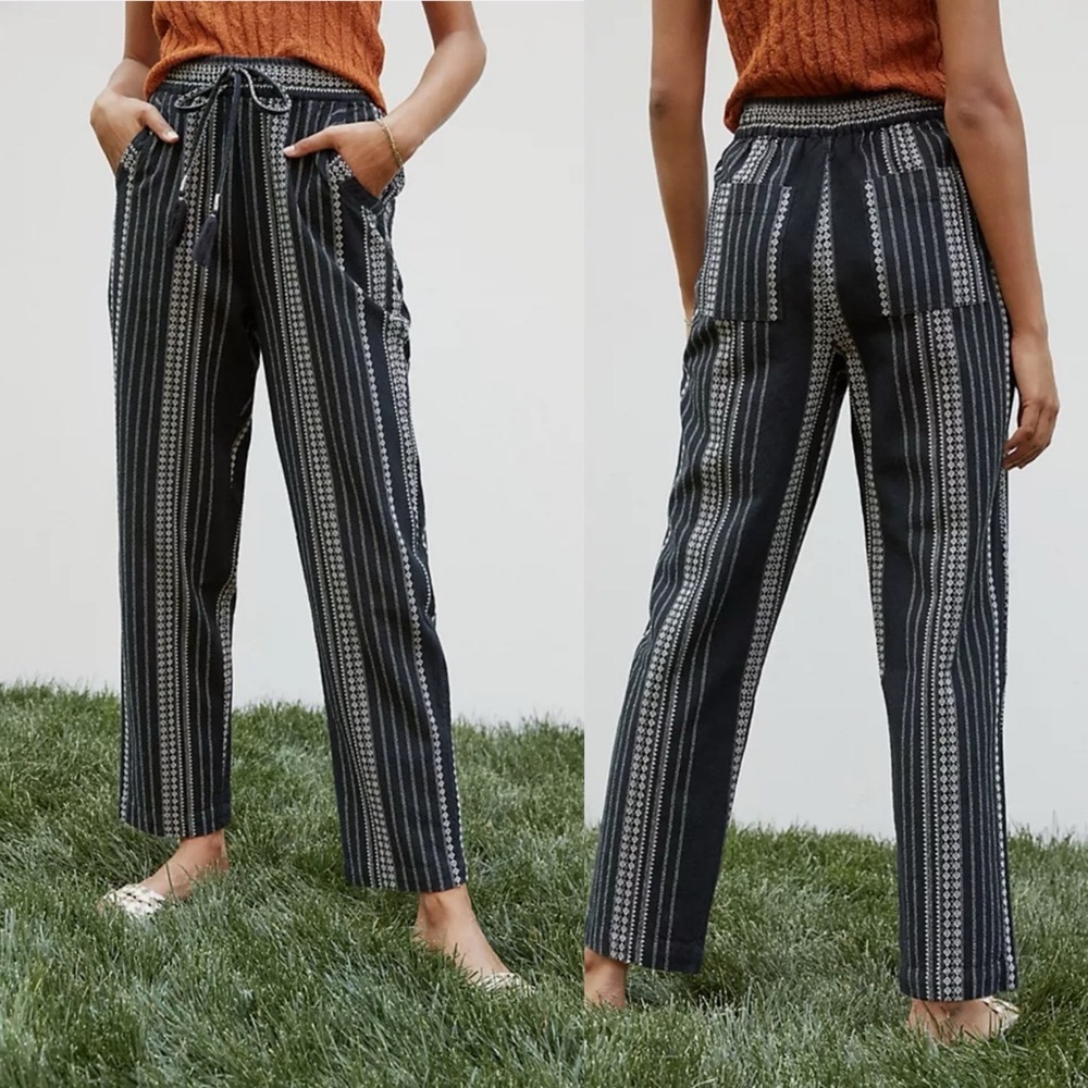 Anthropologie Beach Trousers Med Black Embroidered Boho Striped High Rise